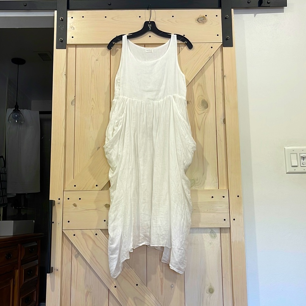 White linen tank dress with pockets
